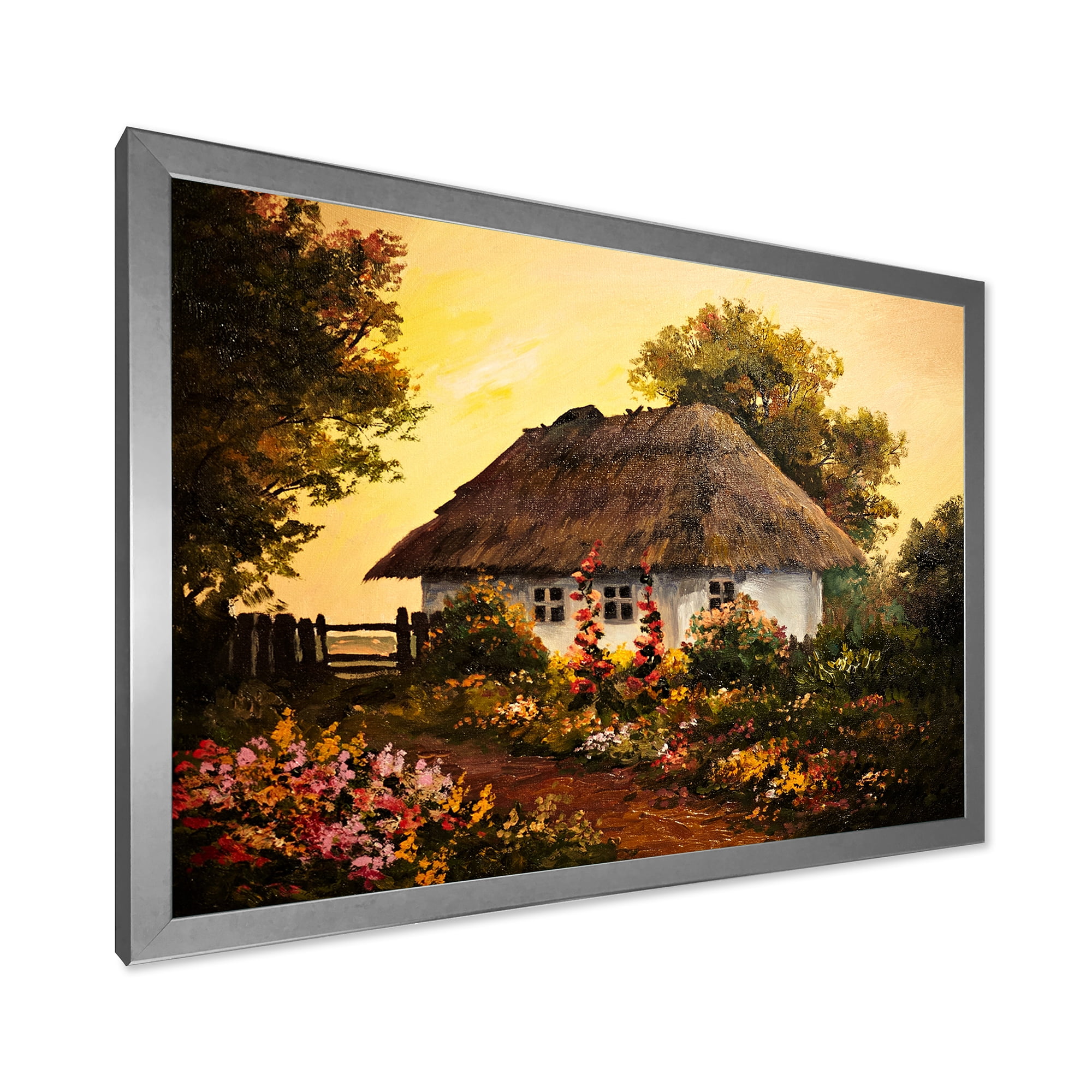 Designart 'Traditional Cottage At Sunset In Autumn Flowers' Traditional Framed Art Print