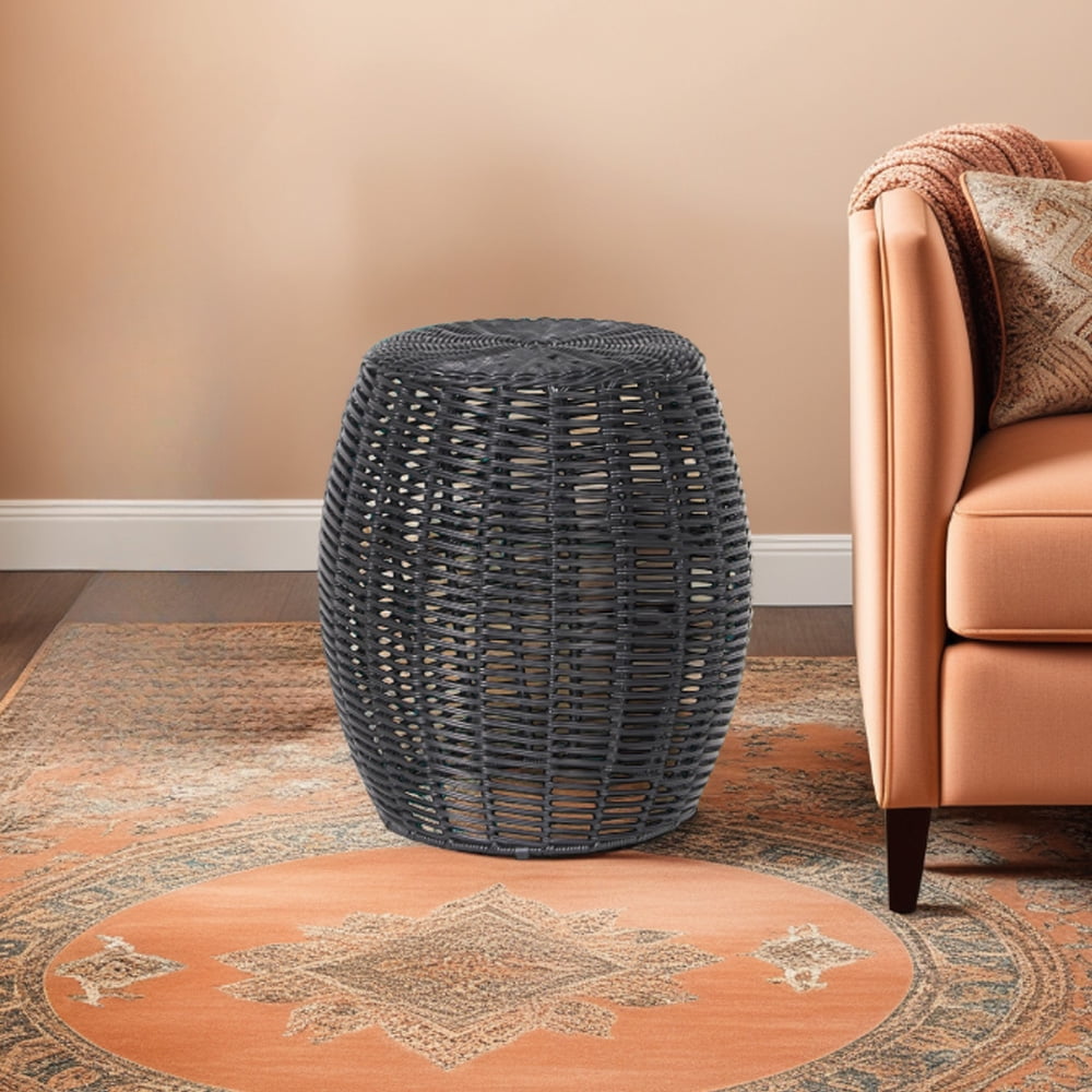 Abble Patio Side Table, Wicker Small Round Metal End Table, Rattan Accent Table for Outside Garden Stool, Outdoor Ottoman - Black