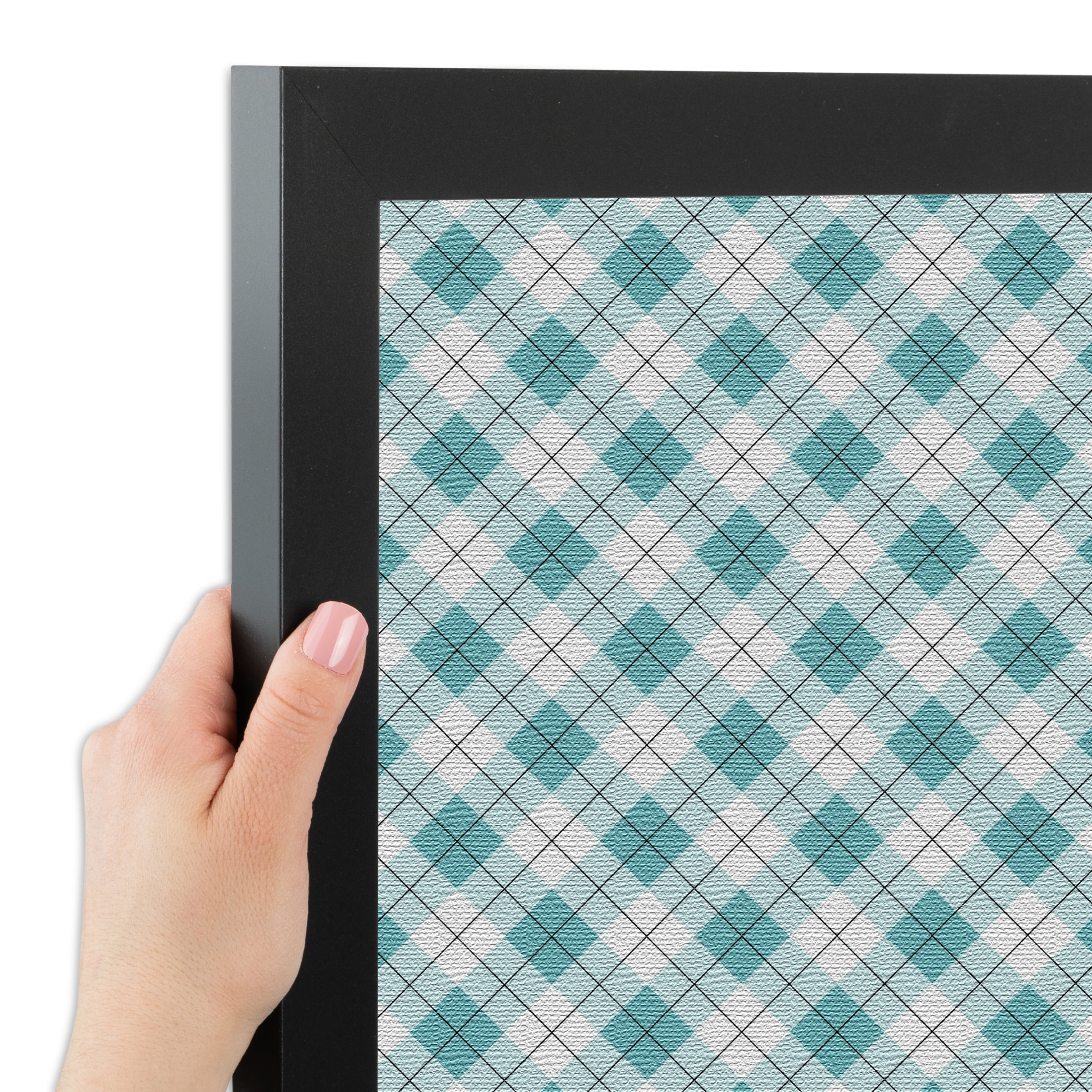 PinPix ArtToFrames 14x12 Custom Cork Bulletin Board Argyle Turquoise   Poster Board Has a Fabric Style Canvas Finish, Framed in Satin Black (PinPix-648)
