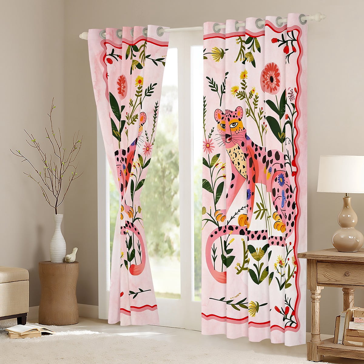 Castle Fairy Animal Leopard Curtains Pack of 2 (42x84 Each),Pink Green Curtains Blackout,Chic Flower Bedroom Curtains,Microfiber Teens Bedroom Decor