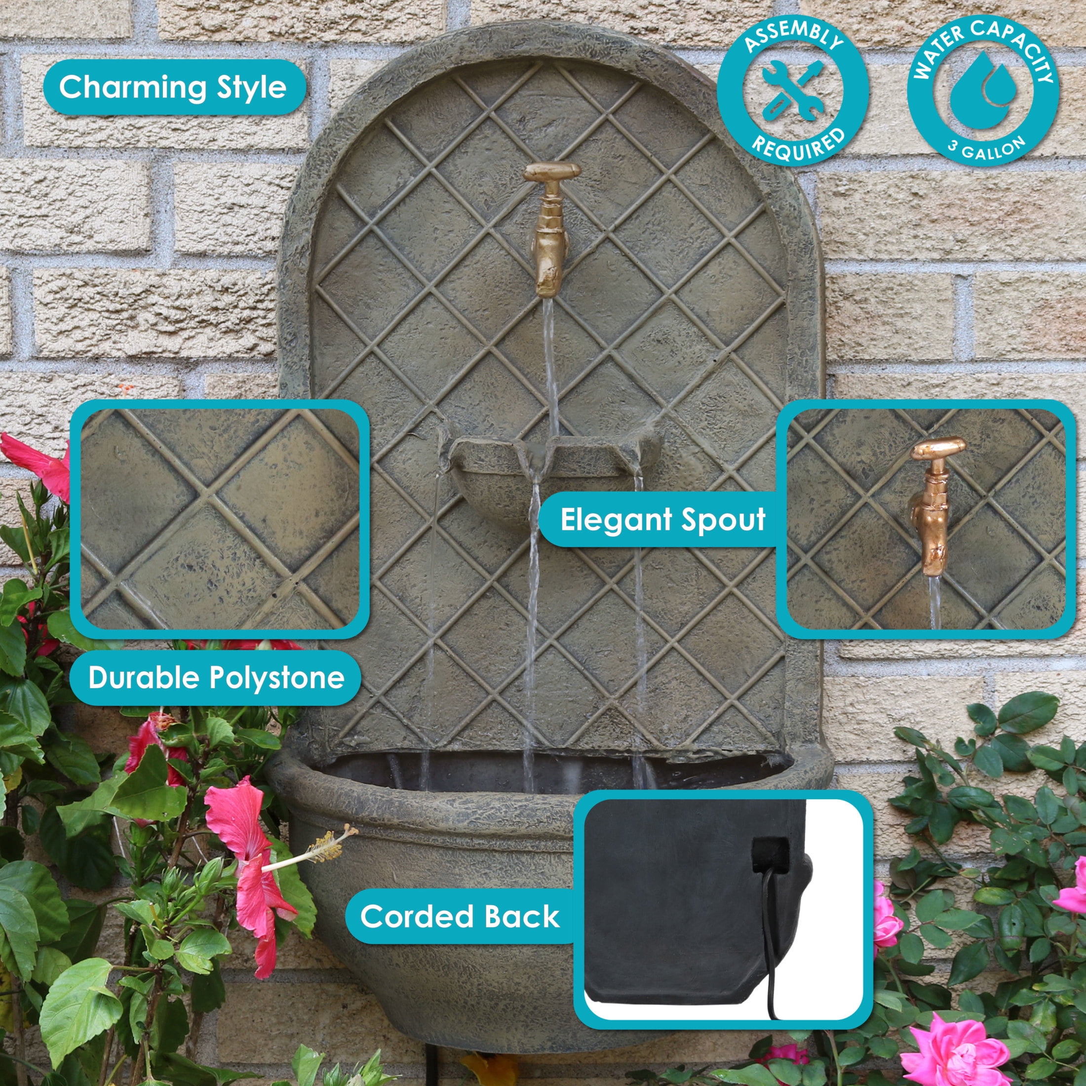 Sunnydaze Messina Polystone Outdoor Wall Fountain, Florentine Finish