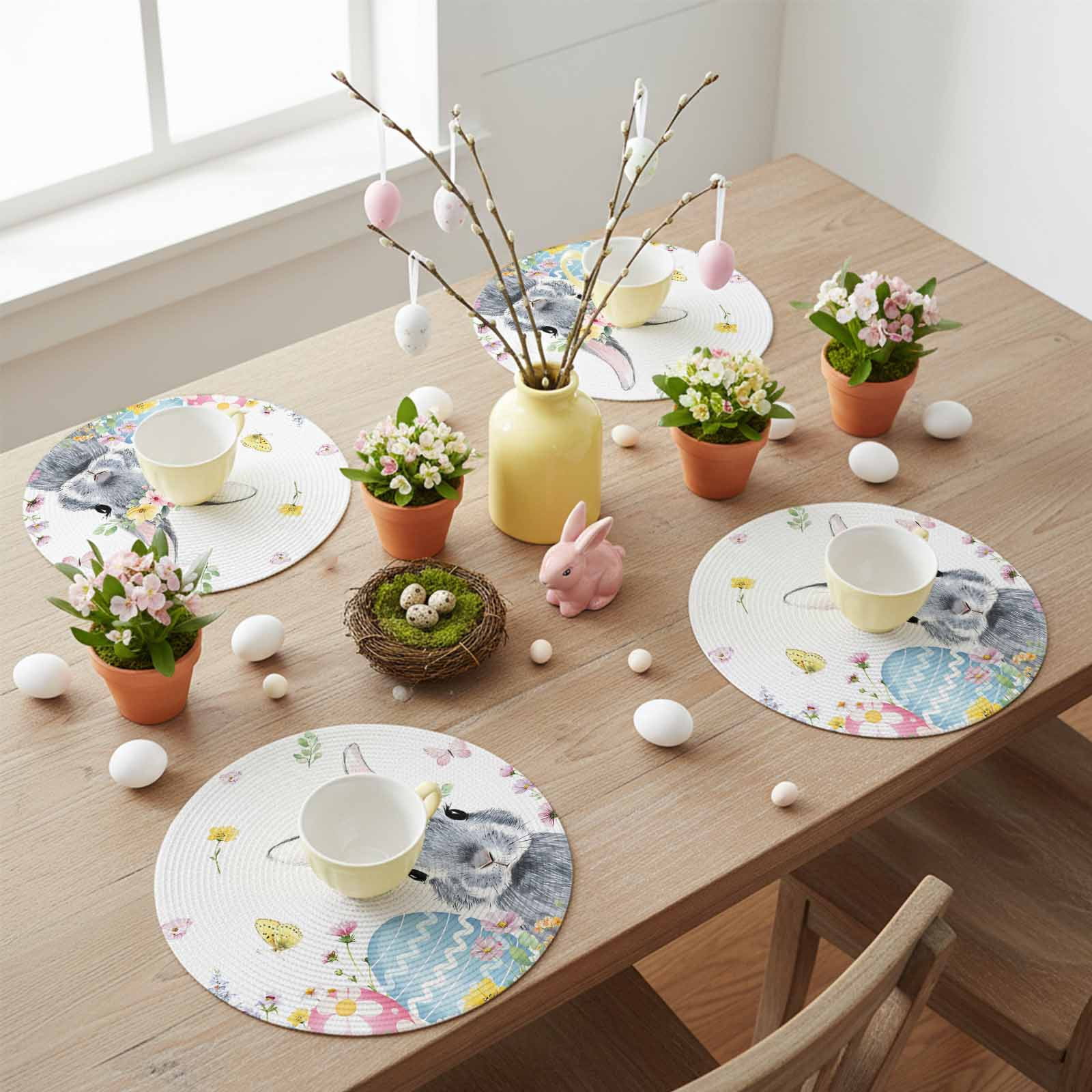 Round Woven Placemats set of 4, Easter Washable & Heat Resistan-t Plastic Wipeable Placemats for Round Table Easter Bunny Color Eggs Spring Floral Kitchen Dining Table Decor, 15in, White