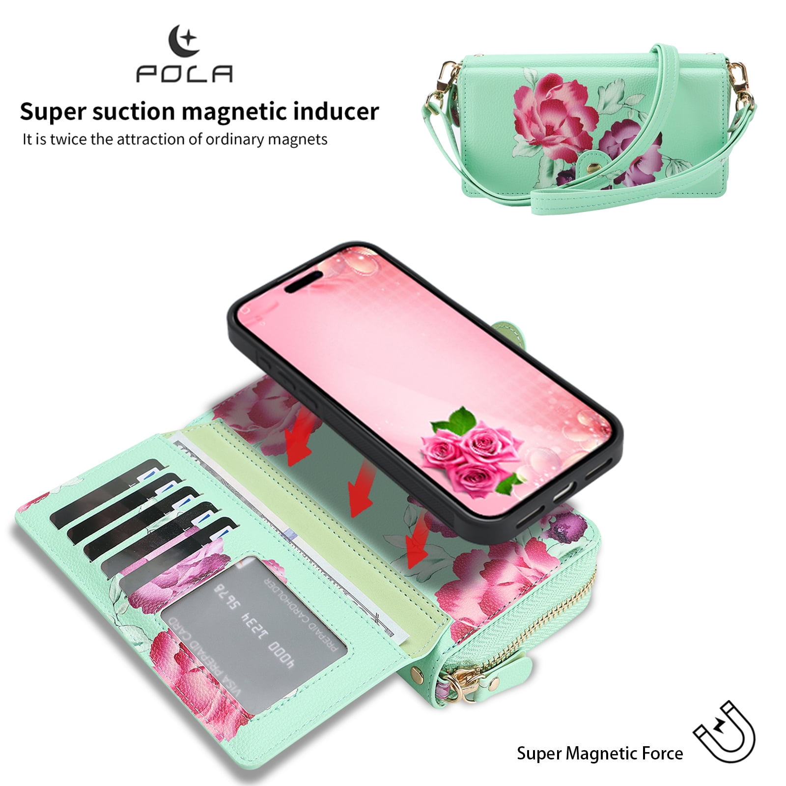 TECH CIRCLE 2-in-1 Wallet Case for iPhone 17 Air (6.5", 2025), Detachable Magnetic Back Cover, Flip Flower Phone Case with 15 Card Slots, Zipper Pocket, Crossbody Strap, Wrist Strap, Green