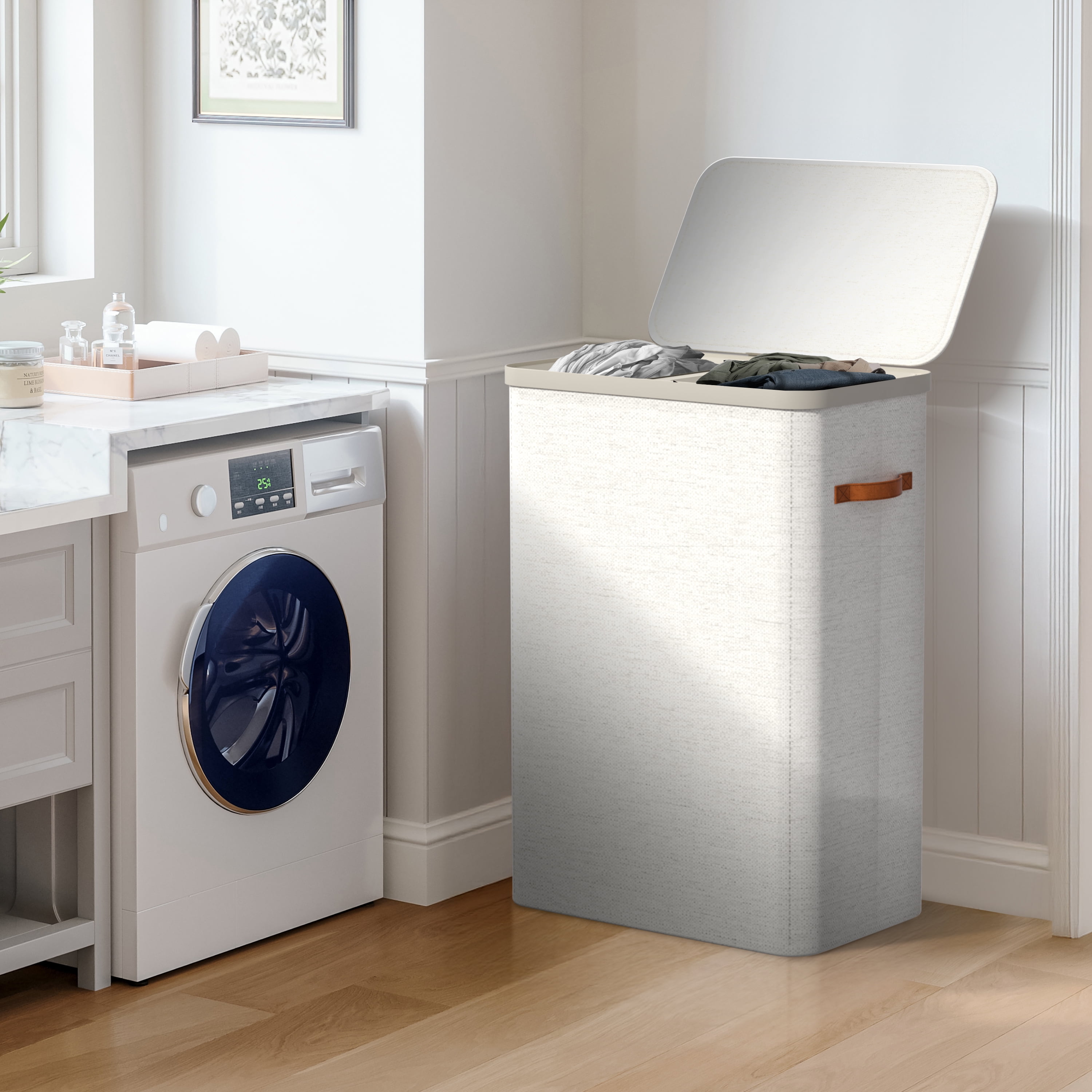 Sorbus Collapsible Fabric Laundry Hamper with Removable Bag, 2-Compartment, Beige