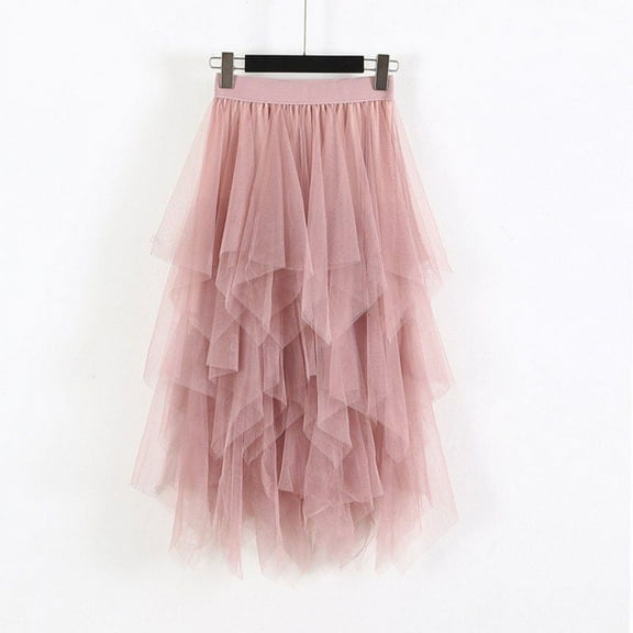 Fashion Elastic High Waist Long Tulle Skirt Women Irregular Hem Mesh Tutu Skirt Party Skirt Pink