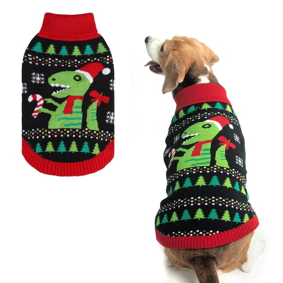 BINGPET Tricot pour Chiot, Motif Dinosaure Col Roulé pour Petits Moyens Grands Chiens, Vêtements d'Hiver pour Animaux de Compagnie Chandails en Molleton Chauds pour Chiens et Grands Chats