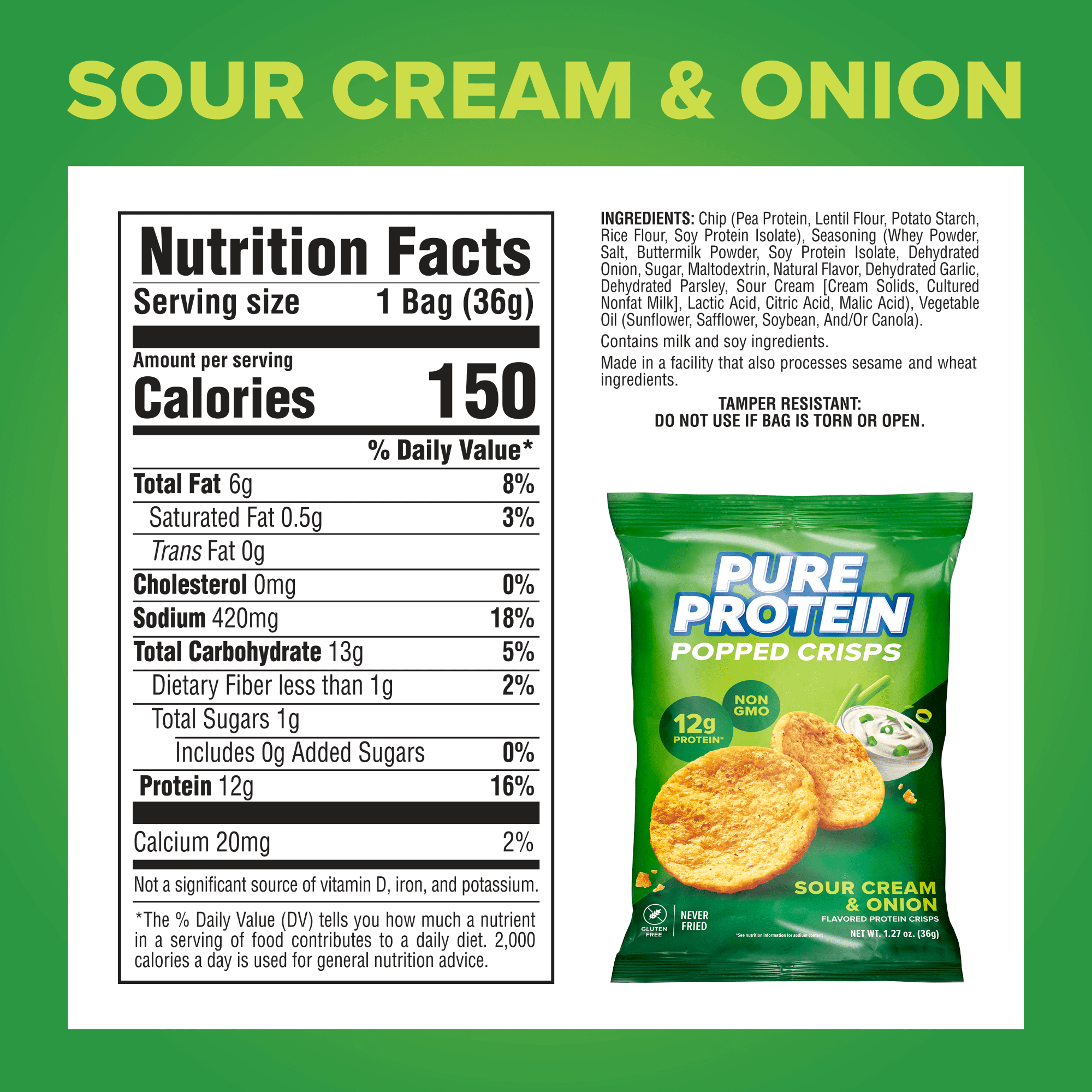 (2 pack) Pure Protein, Popped Crisps, Sour Cream and Onion Chips, 12g Protein, 1.27 oz