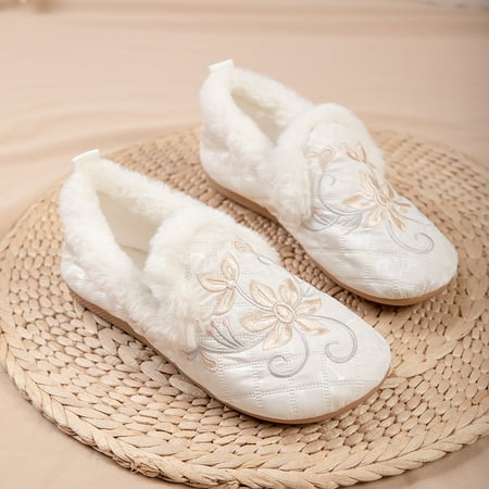 

Women‘s Floral Embroidered Warm Faux Fur Lined Flat Shoes Round Toe Slip On Loafers Women‘s Footwear