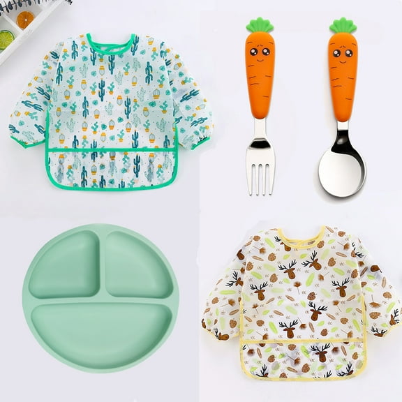 SHELLTON Baby Complementary Food Set, Baby Bibs and Cartoon Radish Children's Cutlery Spoon and Silica Gel Tray for Boys and Girls Ages 6-36 Months