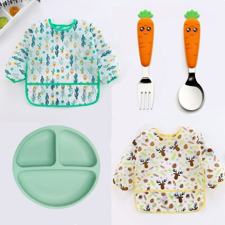 

POINTERTECK Baby Complementary Food Set Baby Bibs and Cartoon Radish Children s Cutlery Spoon and Silica Gel Tray for Boys and Girls Ages 6-36 Months