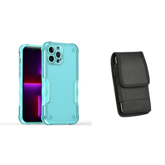 Case with Belt Holster Bundle for iPhone 14: Slim EX Hybrid Series Shockproof Case (Teal) and Vertical Nylon Phone Pouch