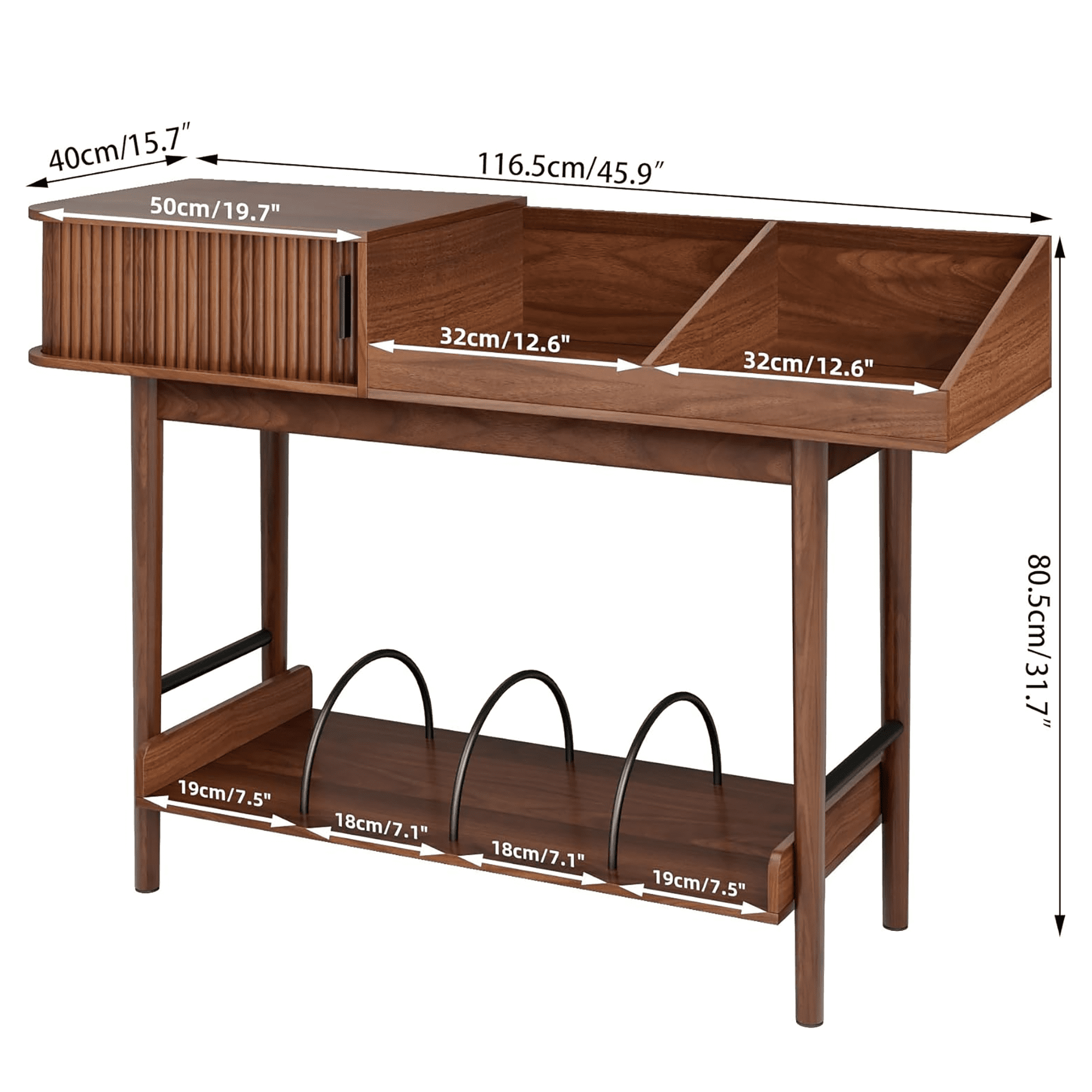 Console Table with Fluted Sliding Door, Mid Century Modern Entryway Table with Storage Shelf, Display Shelf for Hallway Living Room, Walnut