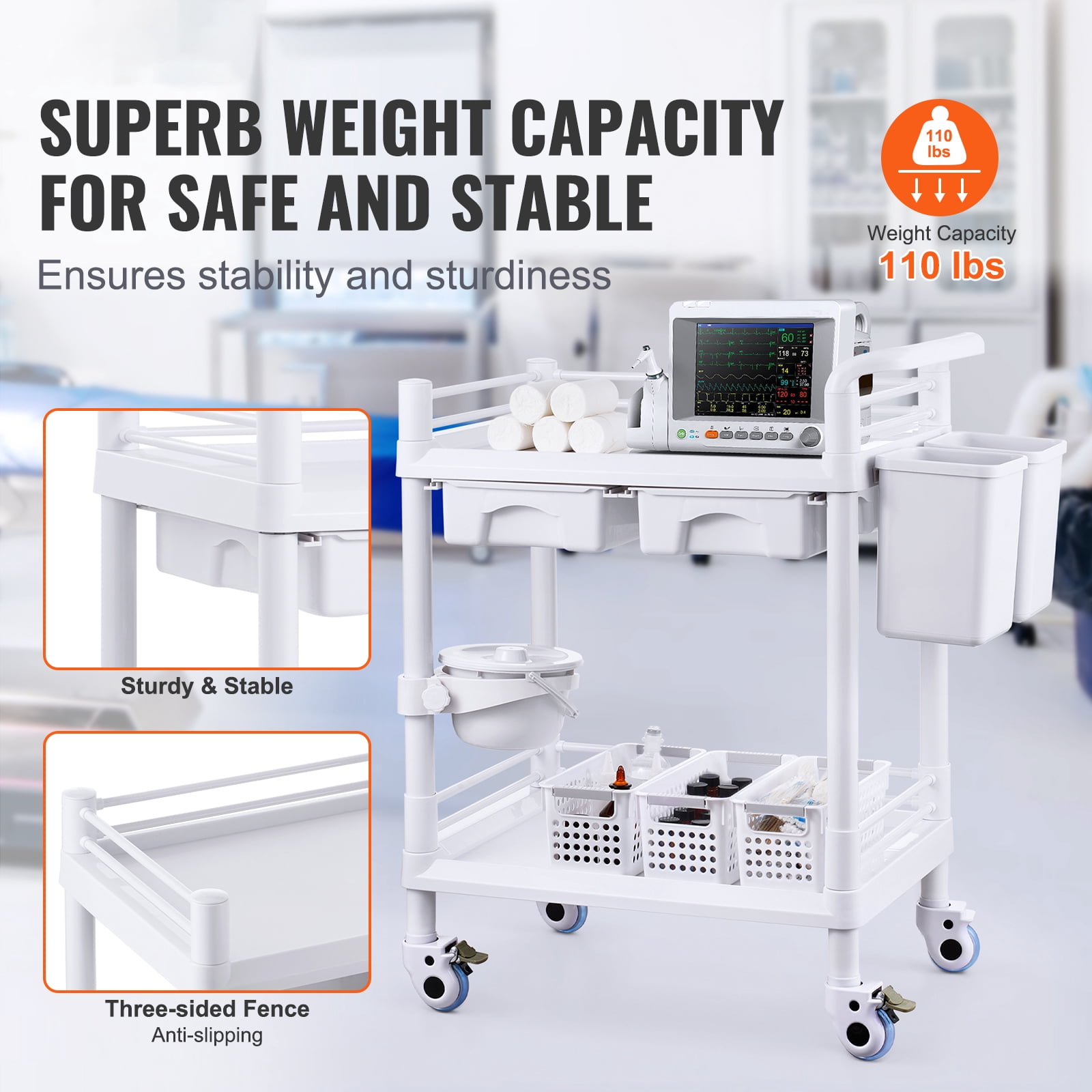 SKYSHALO Mobile Utility Cart, 2-Shelf Design with Dual Drawers & Quiet Casters, Durable PP Construction, Includes 3 Waste Bins, Ideal for Laboratories, Clinics, Hospitals & Salons, White