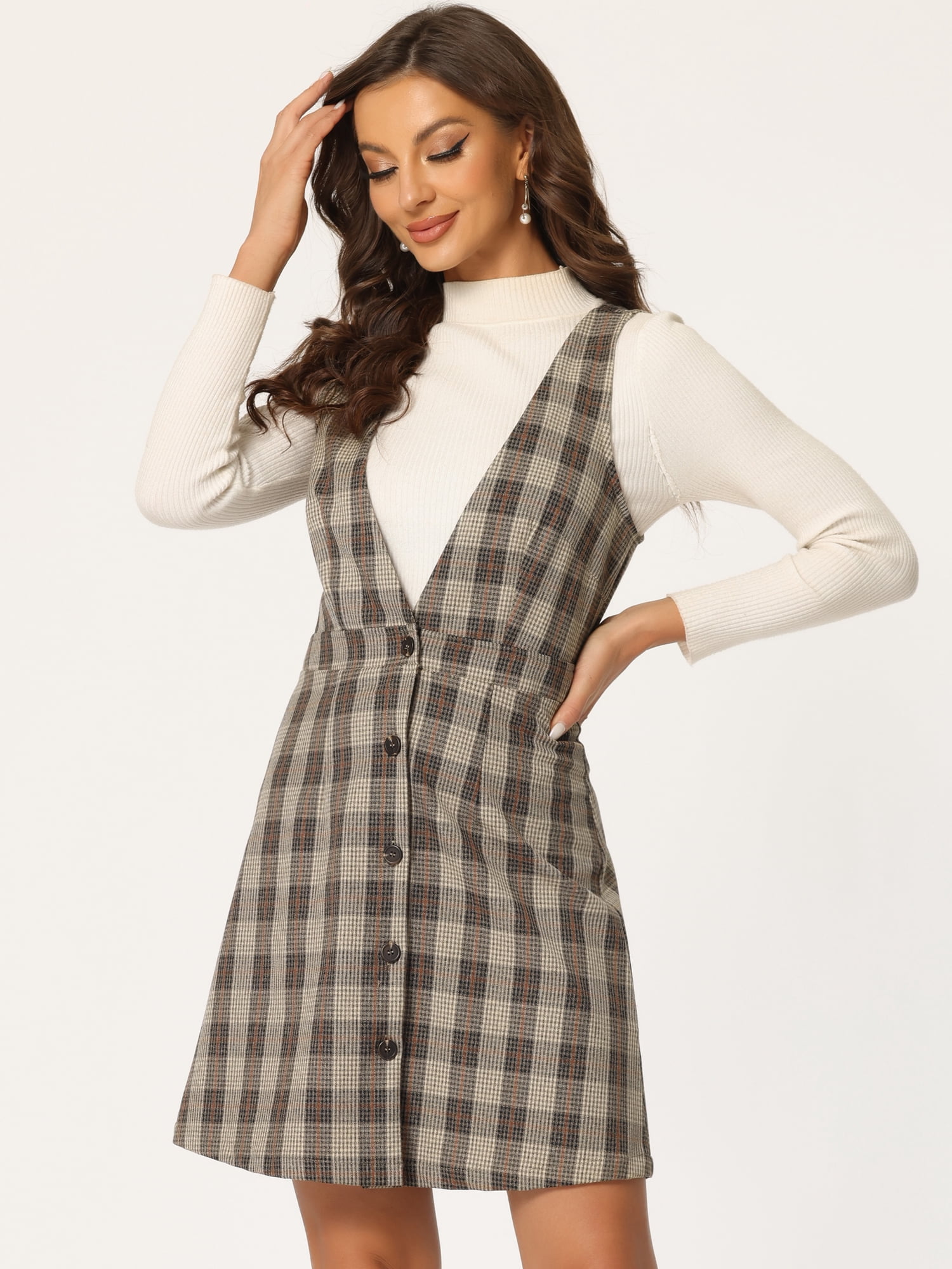 DARING DIVA Houndstooth Plaid Suspenders Pinafore Overall Dress M Brown Orange