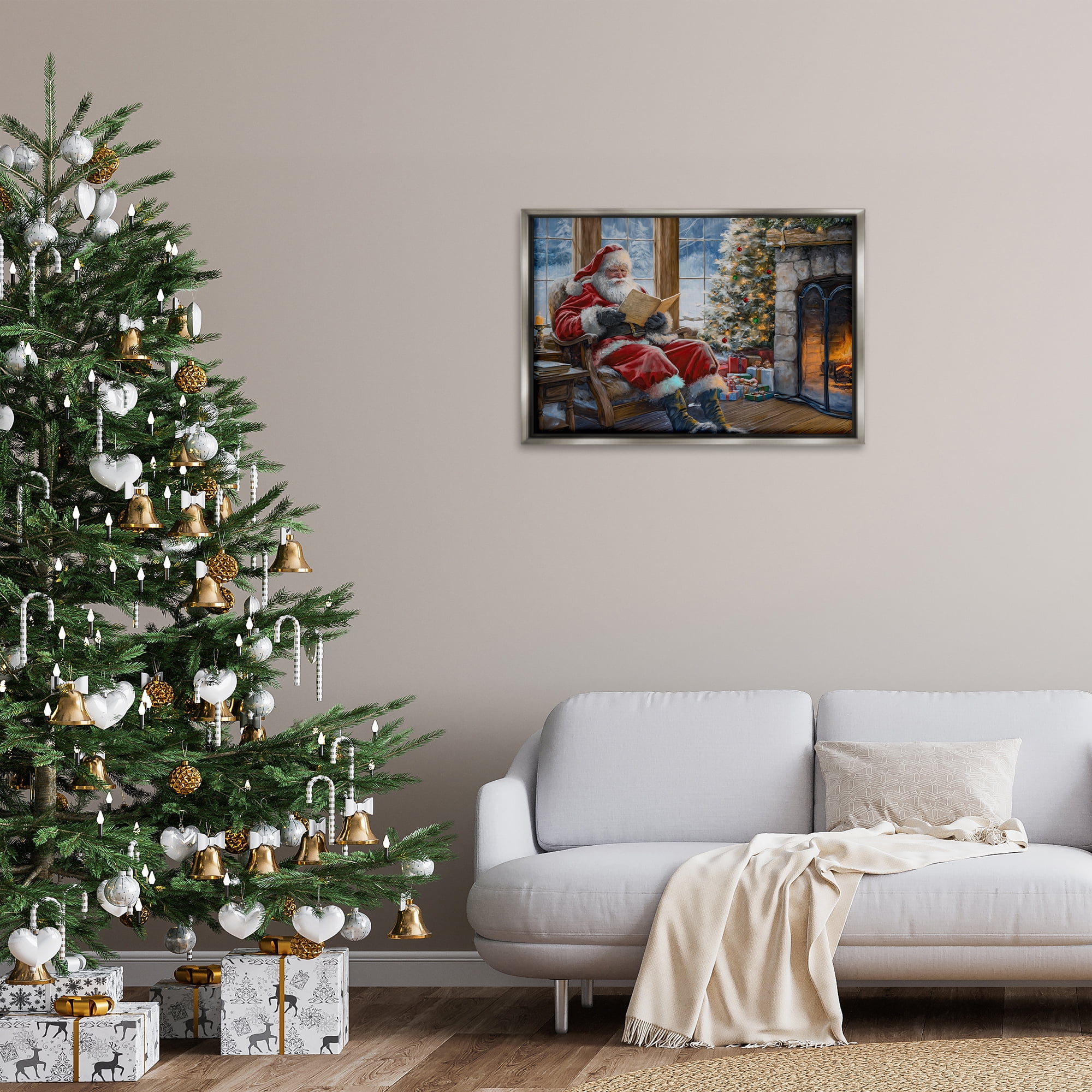 Stupell Industries Santa Reading by Fire Holiday Painting Gray Floater Framed Canvas Art Prints Wall Art, 31 x 21