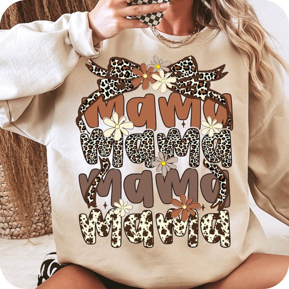 Retro Coquette Mama Sweatshirt, Leopard Print Mama Shirt, Boho Floral Mom Gift, Mother’s Day Bow Crewneck