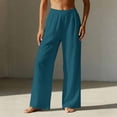 thumbnail image 5 of Elastic Waistlowy Casual Pants for Women Linen Wide Leg Trousers with Pockets Pants for Beach or Travel Turquoise L, 5 of 6