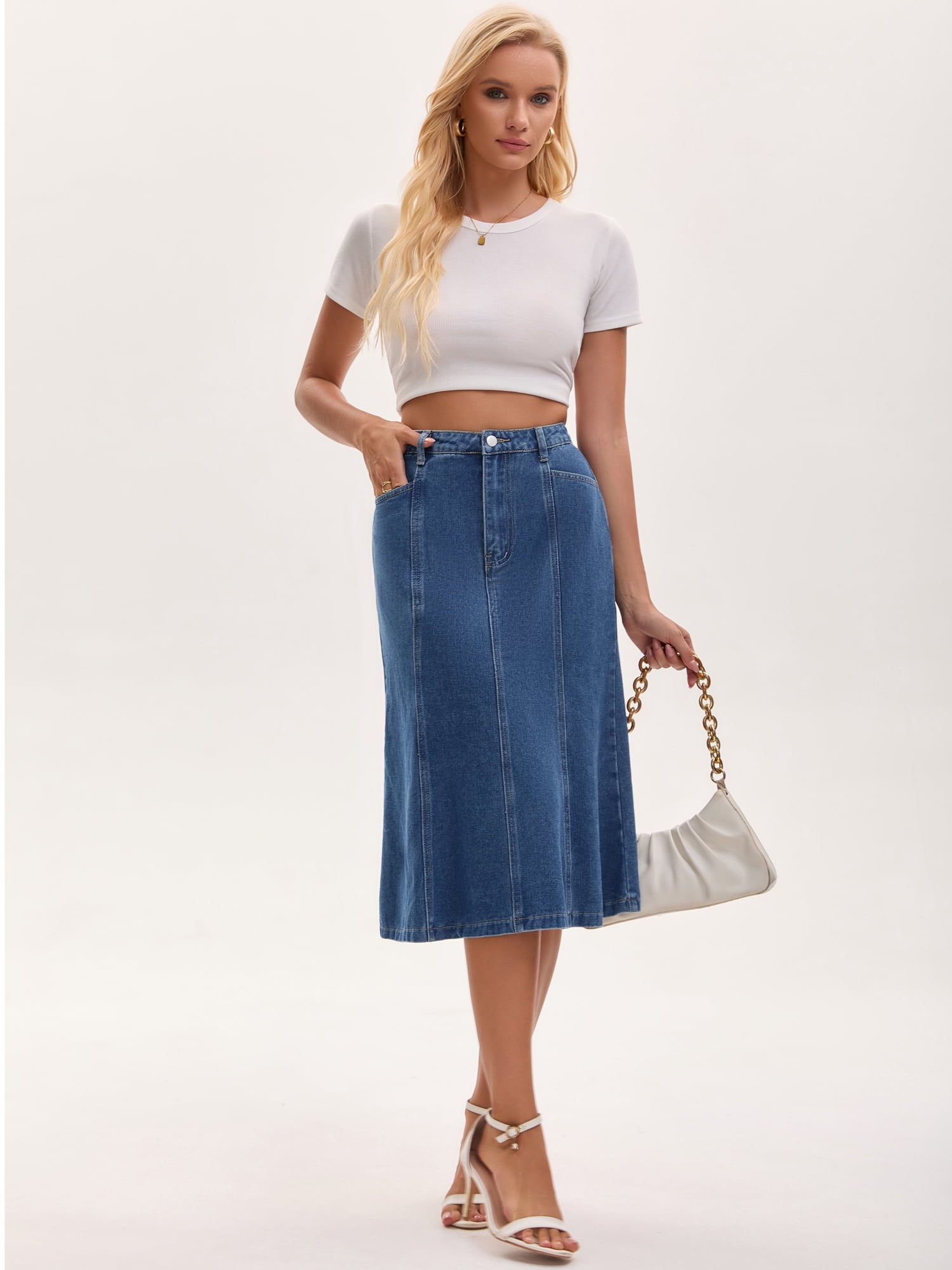 DARING DIVA Women's Denim Ruffle Below Knee Fishtail Jean Skirts Large Blue