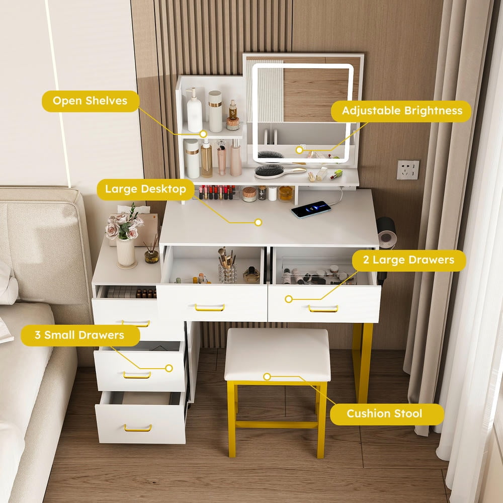 Kadyn Bedroom Vanity Desk, Makeup Vanity Table with Power Outlet, Modern Dressing Table with 5 Drawers for Bedroom Dressing Room, White