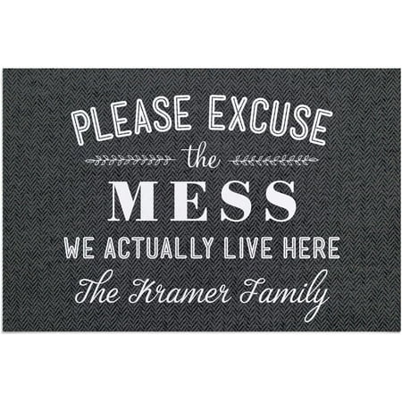 

Please Excuse The Mess We Actually Live Here Doormat with Custom Family Name Printed on Gray Rectangular Thick Non Slip Mat for Kitchen Hallway Deck or Porch 16 x 24 Inches
