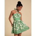 thumbnail image 6 of Green Tropical Plant Print Halter Neck Short Dress For Women, Casual Summer Boho Vacation Outfit, 6 of 6