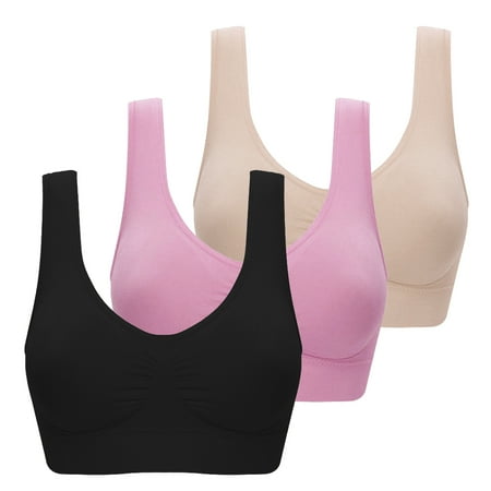 

Valcatch 3 Pack Sports Bras for Women Seamless Wirefree Comfort Back Smoothing Underwear with Pads Push up Bra Plus Size(Black/Beige/Pink 2XL)