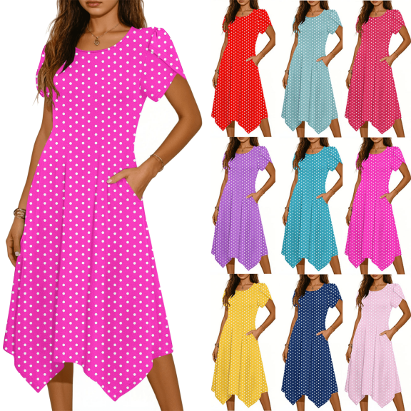 Women Summer Dresses Casual Crewneck Short Sleeve Midi Sundress Irregular Hem Ruffle Flowy Swing Vacation Wedding Guest Dress S-2XL