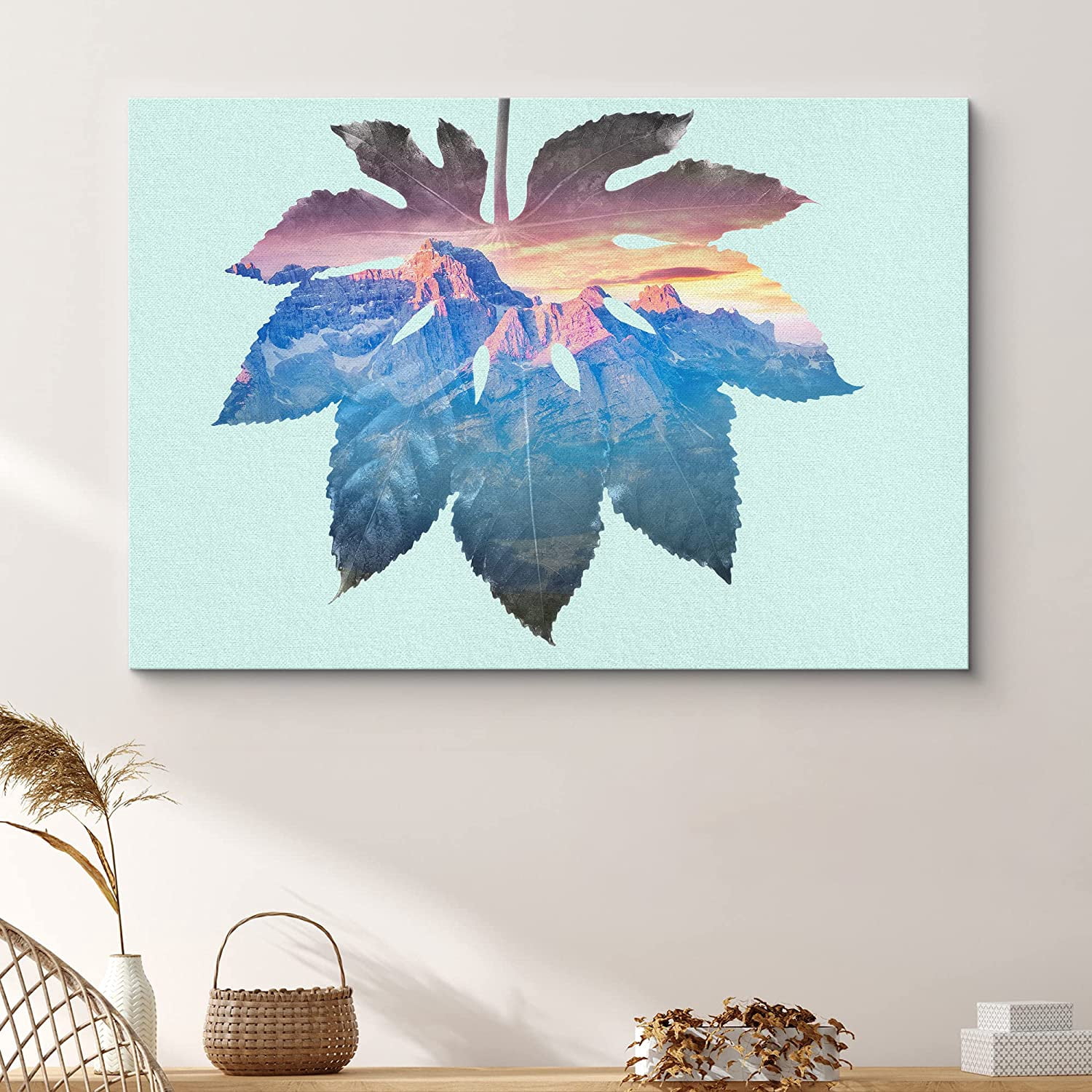 PixonSign Canvas Print Wall Art Double Exposure Maple Leaf & Mountains ...