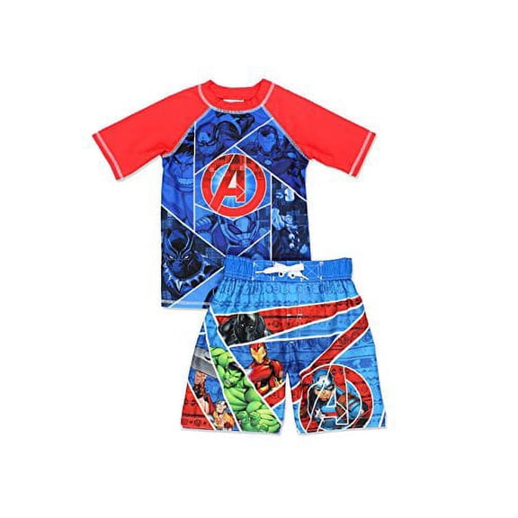 Avengers Superhero Boy's Swim Trunks and Rash Guard Set (7, Blue/Red)