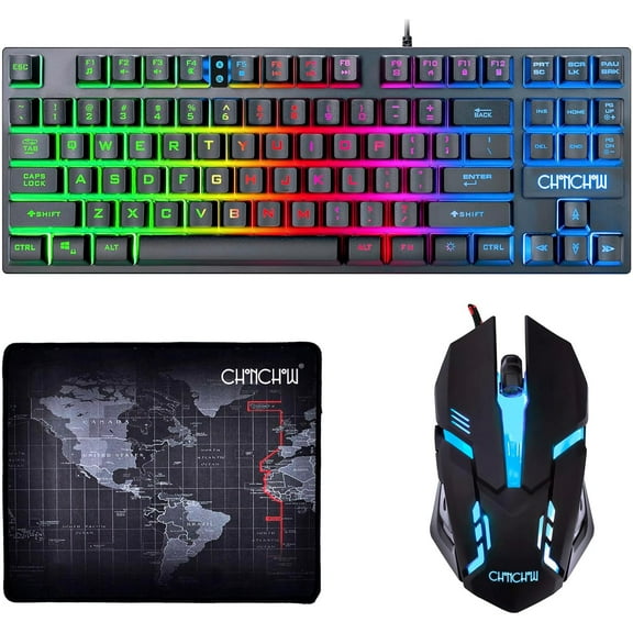 87 Keys TKL Gaming Keyboard and Mouse Combo, Wired LED Rainbow Backlit Keyboard 800-3200 DPI RGB Mouse, Gaming for PS4 Xbox PC Laptop Mac