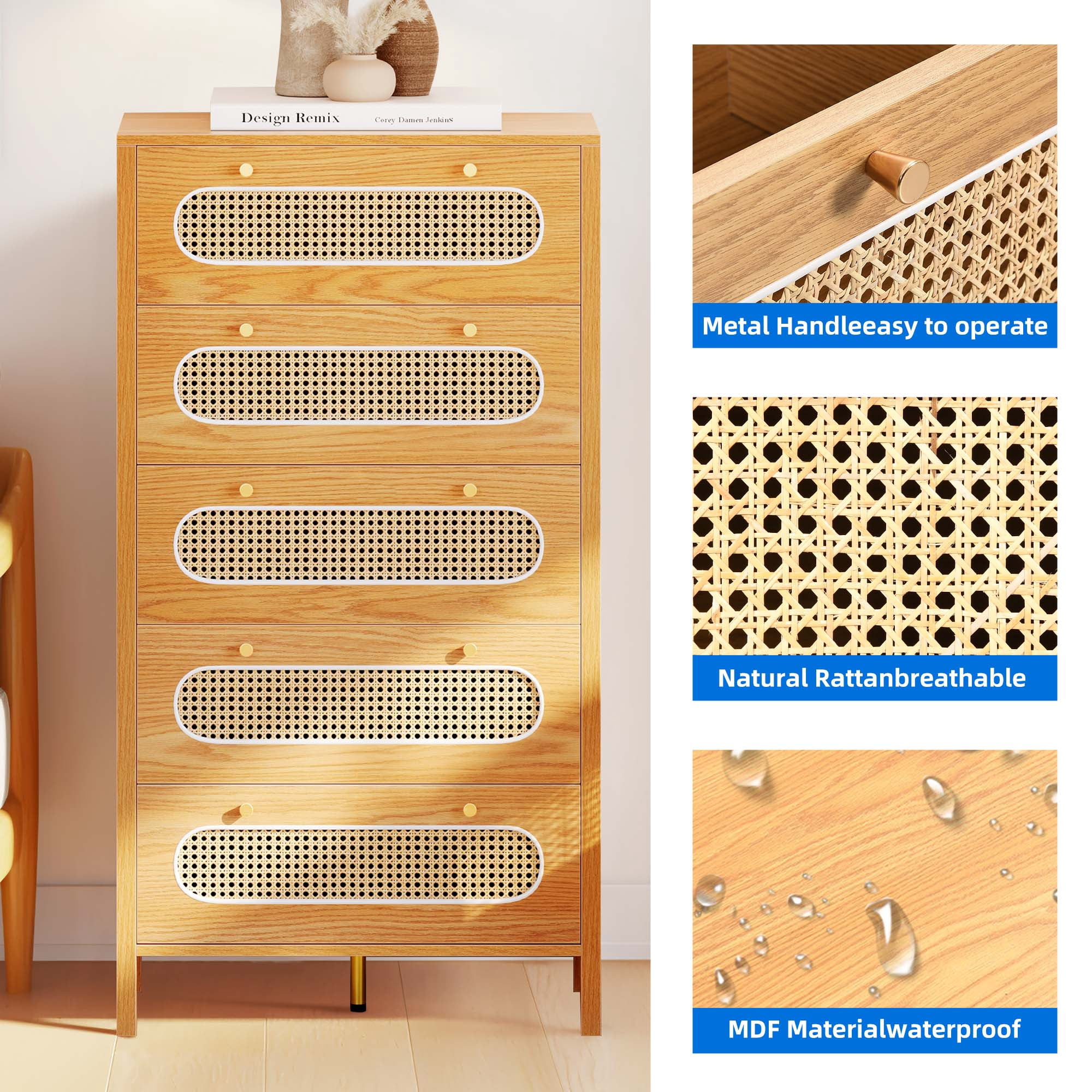 DEXTRUS 5 Drawer Dresser, 47" Tall Rattan Vertical Dresser, 5 Layers Wood Storage Cabinet Chest of Drawers, Oak