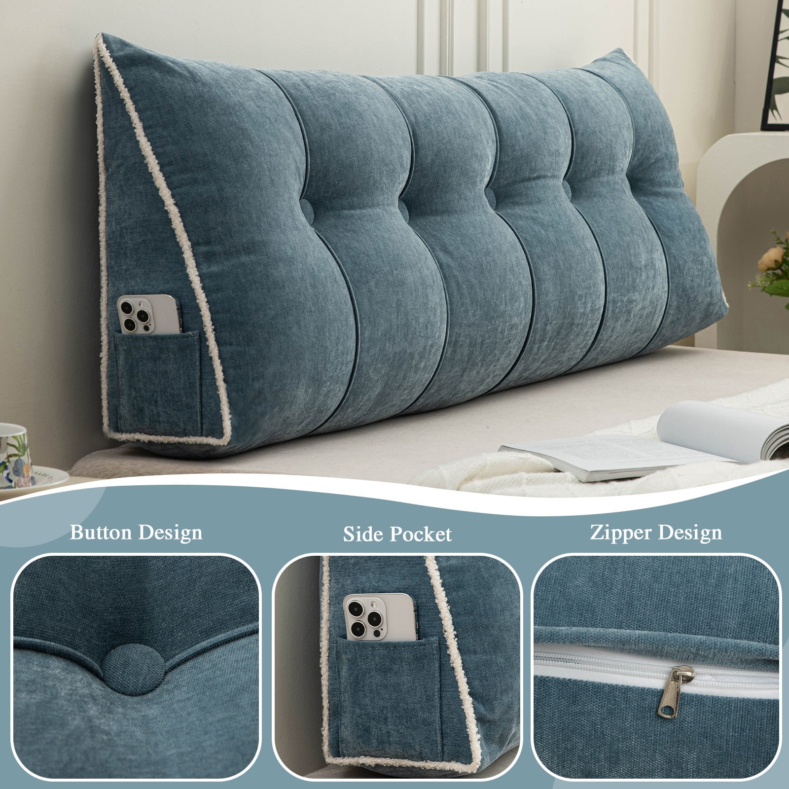 Lovote Triangular Headboard Pillow with Side Pockets, Chenille Fabric, Bed Rest Reading Pillow, Removable & Washable Cover, Contrasting-Color Fabric Piping, Daybed Wedge Pillow for Queen Beds