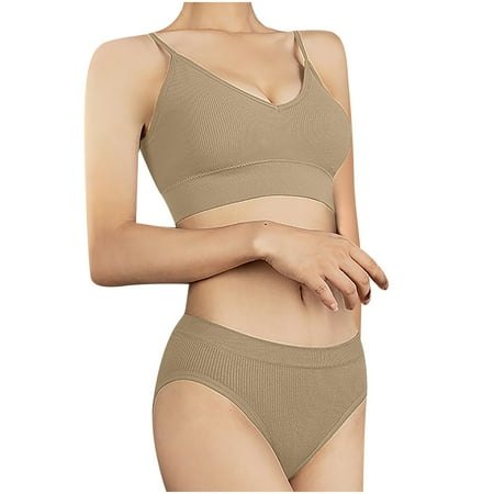 Sexlip V Neck Sport Bra and Thong Panties Set Cotton Push Up No Underwire Seamless Bralette for Women Khaki L