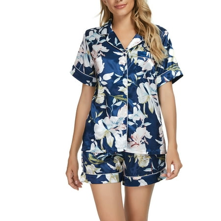 

cheibear Womens Floral Button Down Shirt and Shorts Satin 2pcs Pajama Set