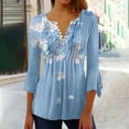 thumbnail image 2 of Floral Summer Tops for Women Tunic Tops V-neck 3/4 Lace Sleeve Pleated Button Casual Print Top, 2 of 4