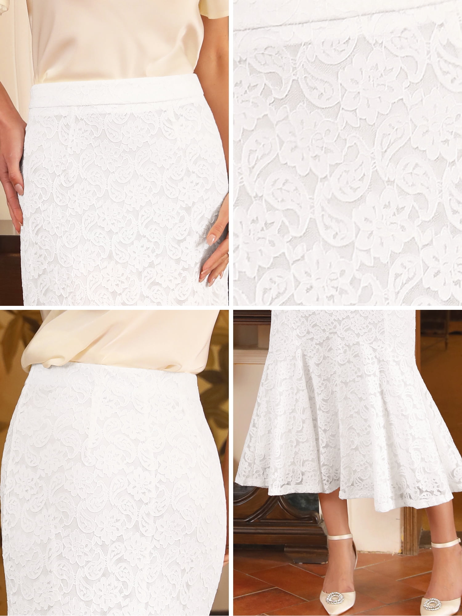 DARING DIVA Women's Lace Ruffle Hem Midi Mermaid Skirts XL White