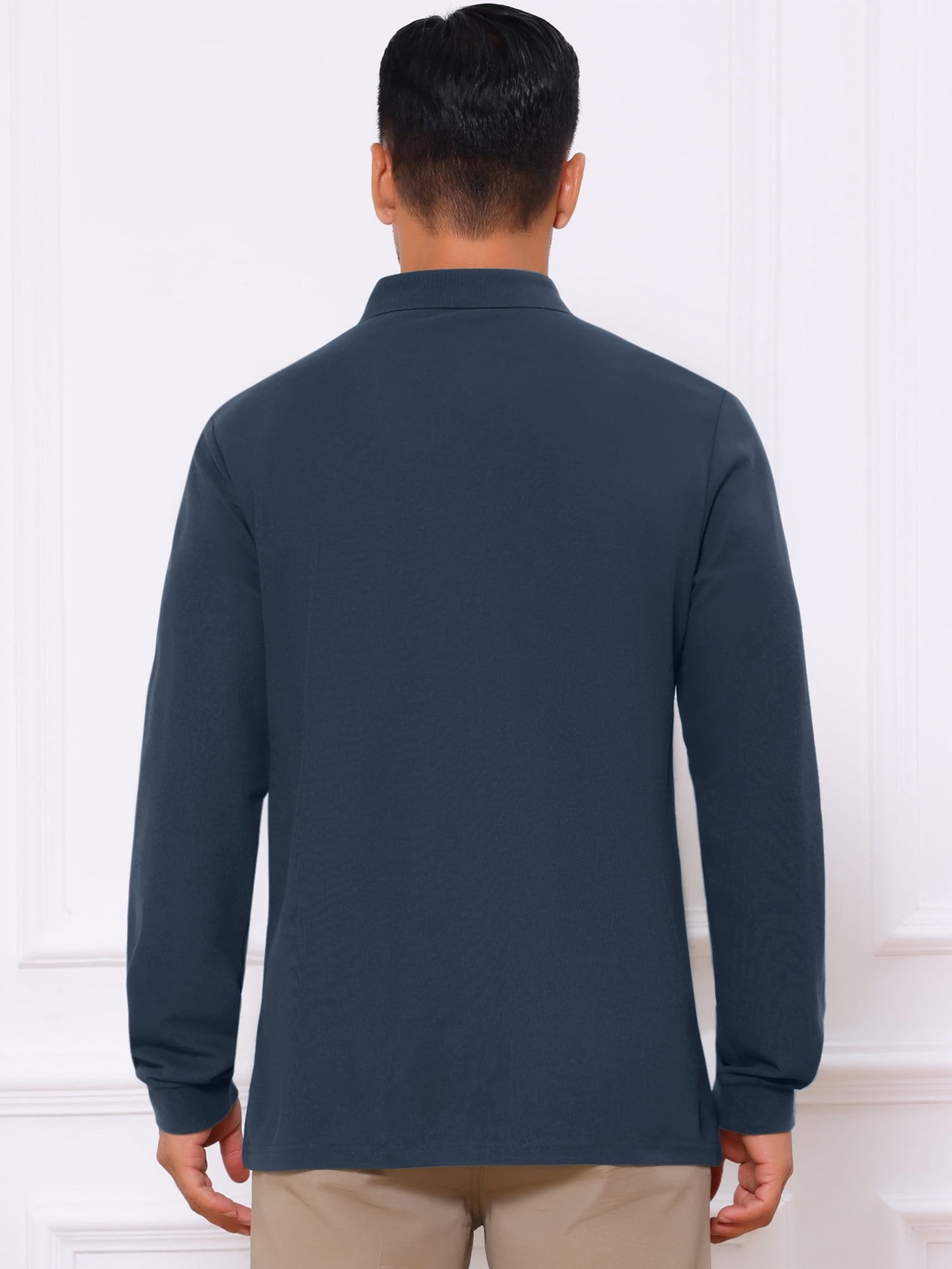 DARING DIVA Men's Classic Solid Color Long Sleeves Basic Golf Polo T-Shirts L Dark Blue