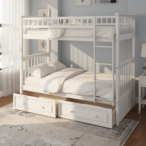 Homy Casa California Modern Wood Twin Over Twin Bunk Bed with Drawers 79.6"x43.6"x64.1" White
