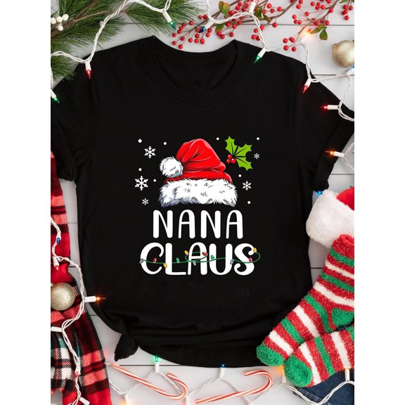 Christmas NaNa Claus T-shirt 2025 Women's Christmas NaNa Claus   Santa Hat Theme Pattern Print T-shirt Girl's Christmas Gift Christmas Holiday Casual Wear Women's Fashion Casual Round Neck Short Slee