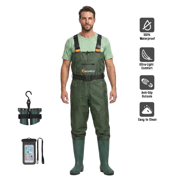 GIEESHIELD Waterproof Bootfoot Chest Waders for Men and Women, Lightweight 2-Ply Nylon/PVC Fishing & Hunting Waders with Boot Hanger - Green (Green, 11)