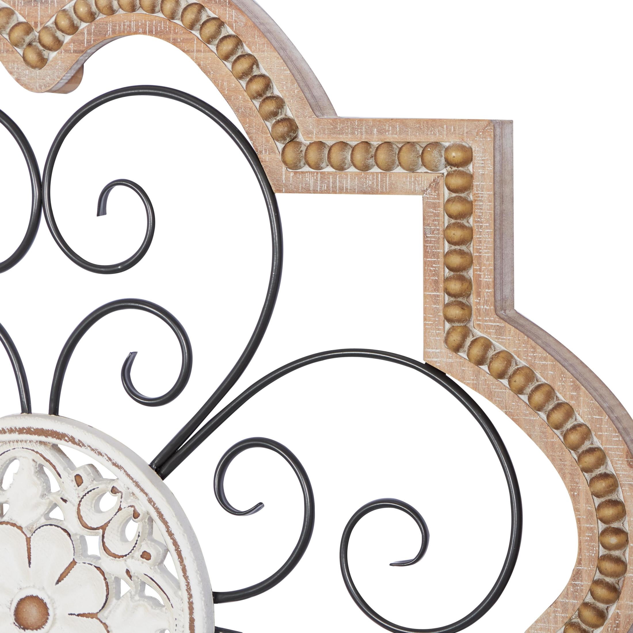 DecMode Brown Wooden Carved Beading Scroll Wall Decor with Metal Accents