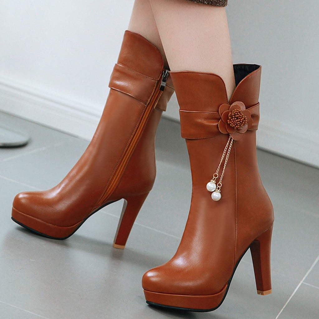 Cameland Winter High Heel Warm Women s Boots Flower Pearl Low Boots Thick Heel Shoes