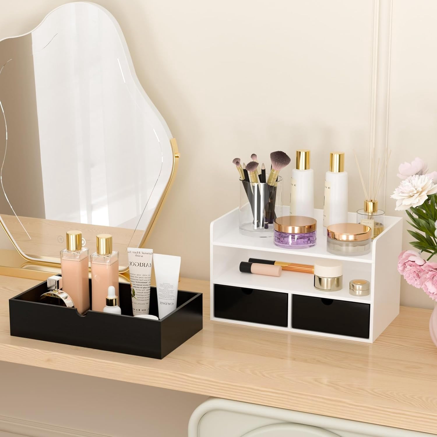 Bamboo Desk Organizer with Drawers - White Black Wood Desktop Storage for Office Supplies, Bills, Cosmetics, No Assembly Required