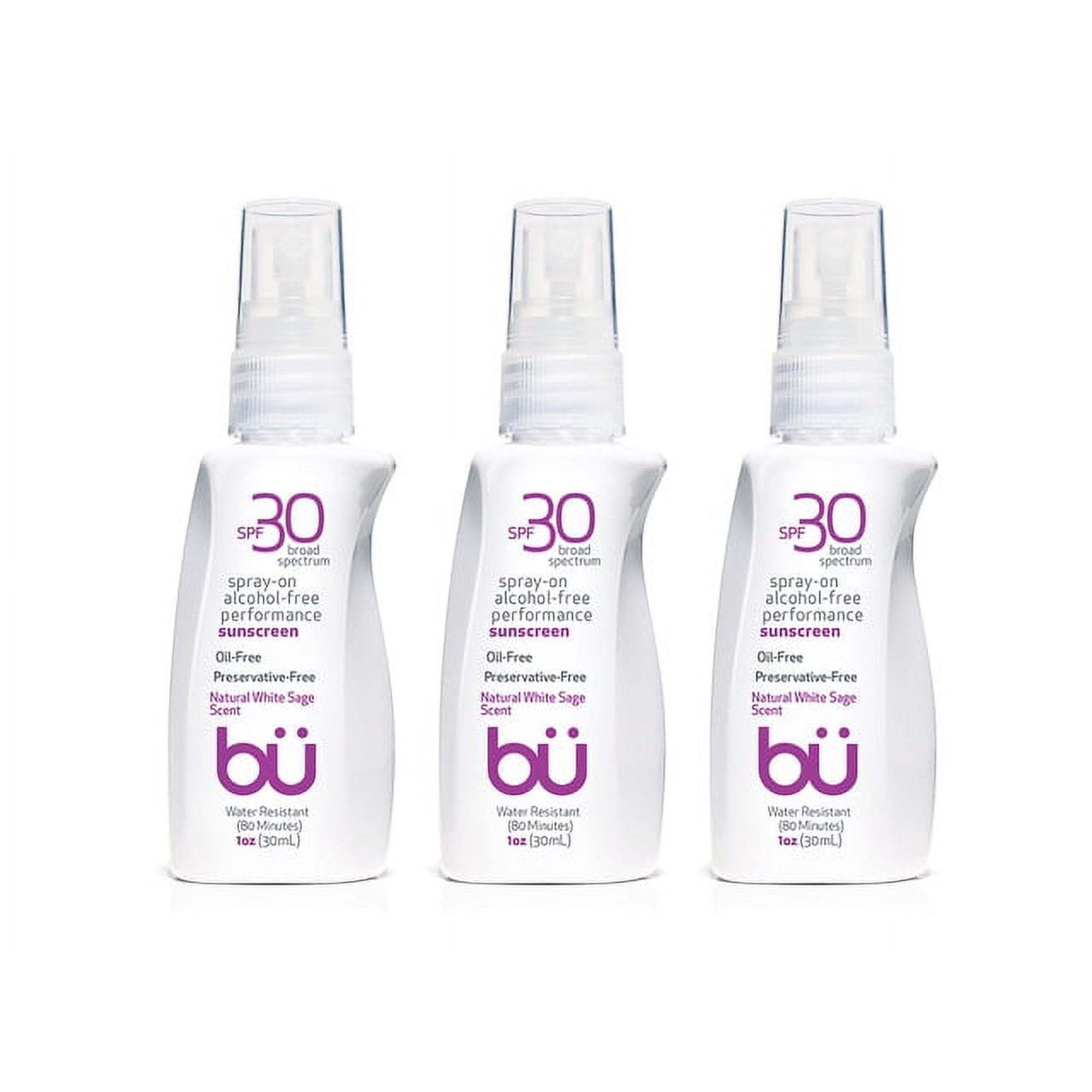 3 Pack - Bu SPF 30 Wowmist Sunscreen Spray - Clear Moisturizing, Safe and Effective. Travel Sport Sensitive Skin. (White Sage 1 oz)
