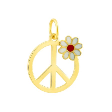 18K Solid yellow gold white and red enamel flower and peace sign pendant