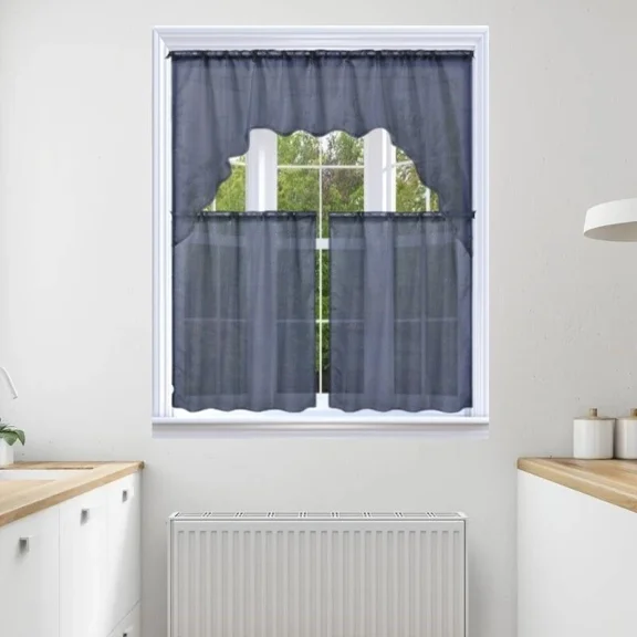 Gorgeous Home Linen 3pc Set Short Kitchen Window Curtain Voile Sheer Rod Pocket 2 Tier panels and Matching Swag Valance Navy Blue Color