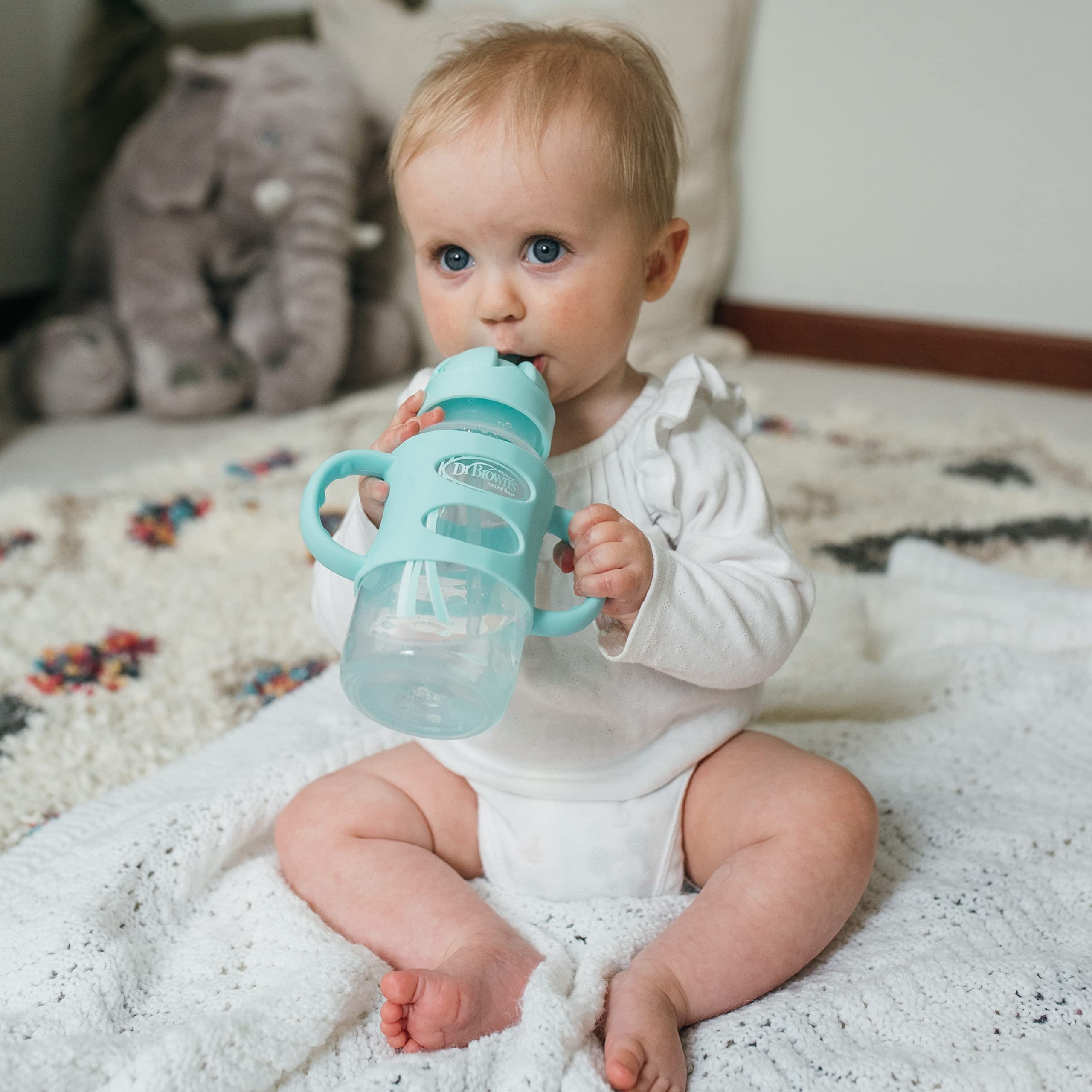 Dr. Brown's Milestones Wide-Neck Sippy Straw Bottle with Handles, 9oz/270ml, Gray/Green, 6m+, 2 Pack