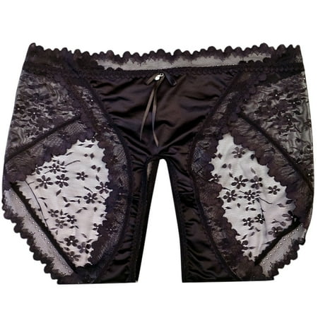 BYHONG Uxury Satin Lace Open Crotch Underwear for Women Sexy Seamless Comfortable Breathable Skin Friendly Embroidered Large Size Thong Panties Panties for Women Black XL
