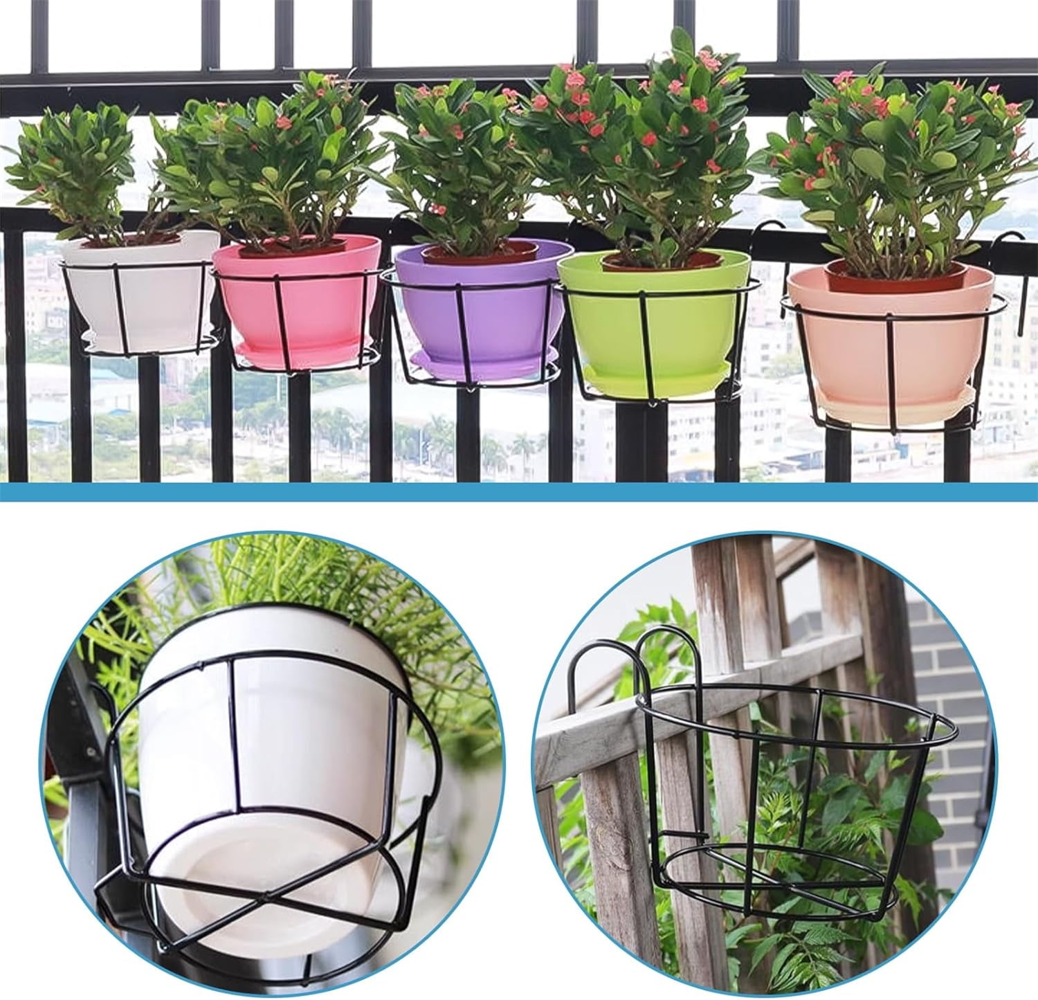 4Pcs Hanging Railing Planter,Over the Rail Flower Pot Holder Hanger, Balcony Planters Railing Hanging, Round Plant Baskets Metal Potted Stand Mounted Deck Porch Patio for Indoor Outdoor, Black