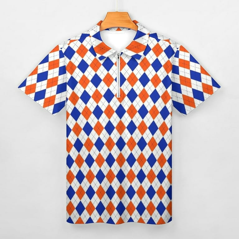 Orange And Blue Traditional Argyle All Over Print Men Zipper T